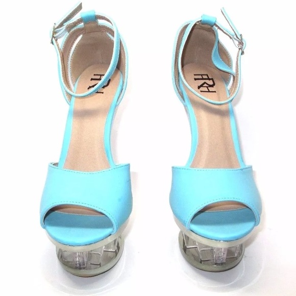 NEW Turquoise Clear Wedge Lucite Ankle Strap Heels - Picture 4 of 4
